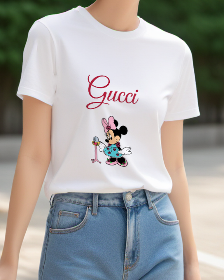 White Minnie Mouse Singing At Microphone Graphic T-Shirt - model wearing view