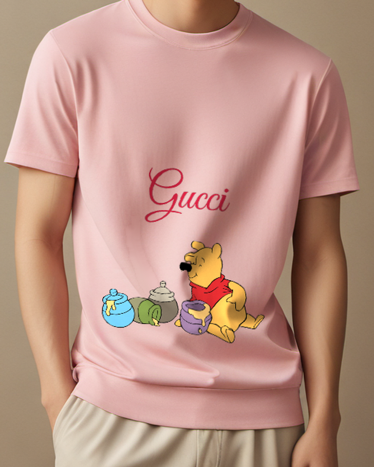 Blush Pink Winnie The Pooh Holding Honey Pot Crew Neck Graphic T-Shirt - model wearing view