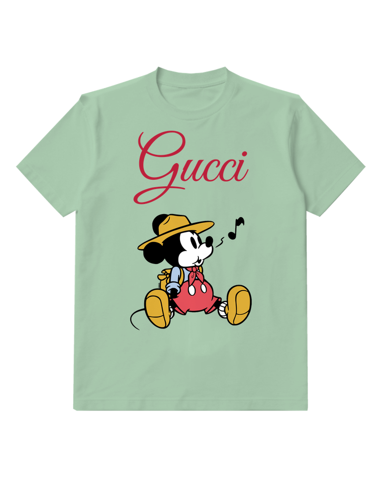 Sage Green Seated Mouse Straw Hat Graphic T-Shirt - front product view