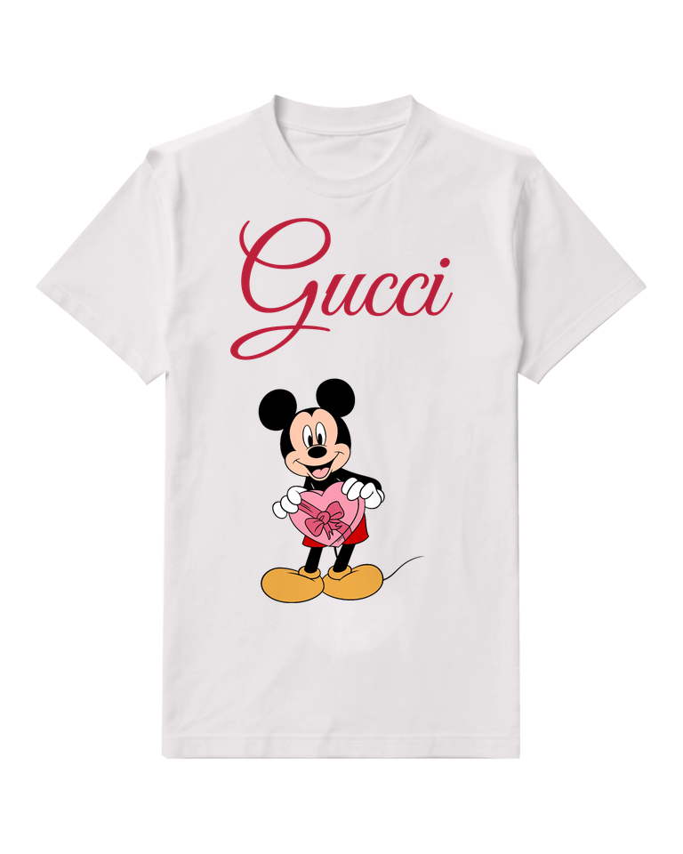 White Mickey Mouse Holds Heart Shaped Gift Graphic T-Shirt - front product view