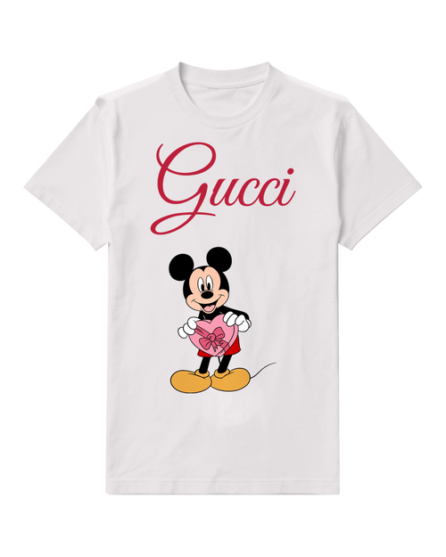 White Mickey Mouse Holds Heart Shaped Gift Graphic T-Shirt - front product view