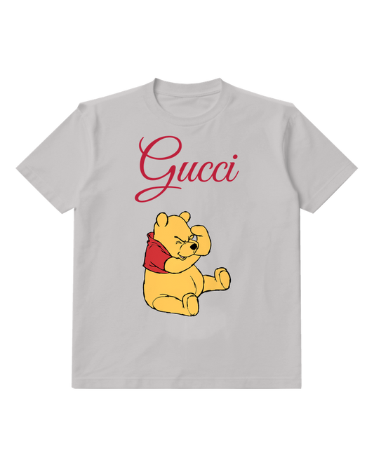 Light Gray Winnie The Pooh Sitting Winking Arm Raised Graphic T-Shirt - front product view