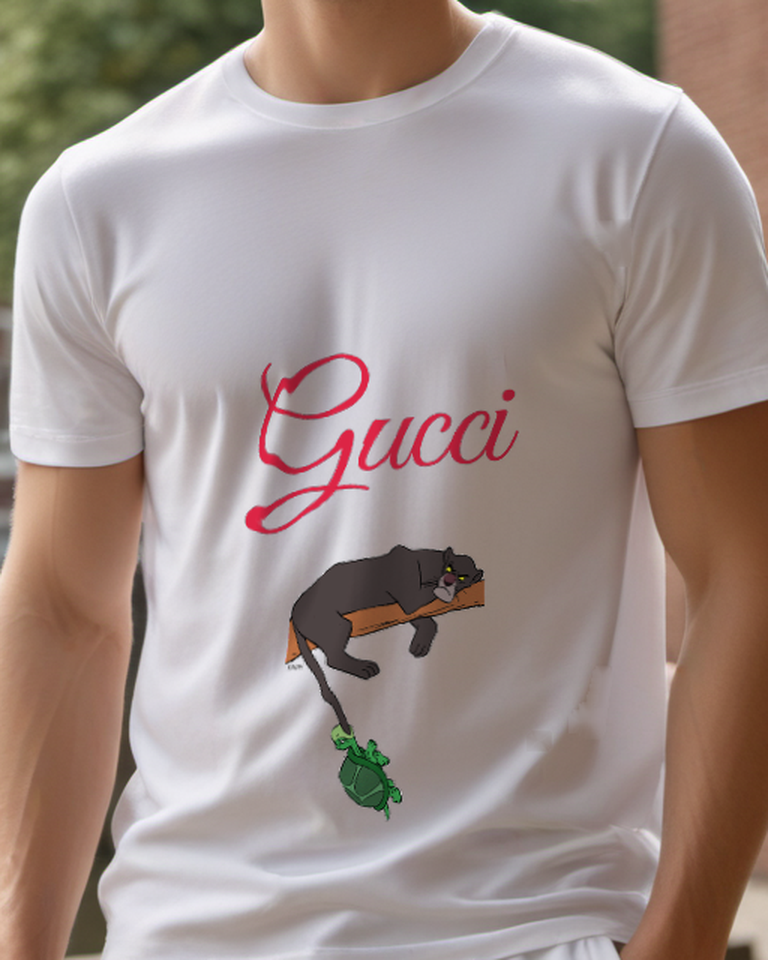 Gray Panther Lounges On Branch Pulls Turtle Graphic T-Shirt - model wearing view