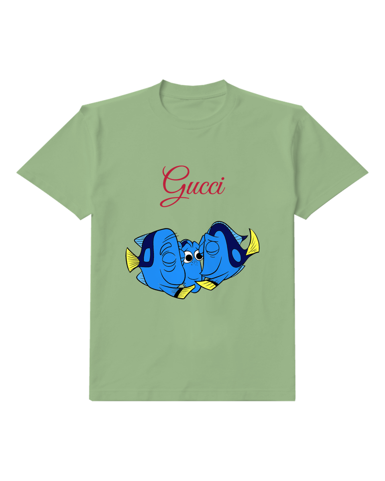 Sage Green Two Blue Fish Faces Graphic T-Shirt - front product view