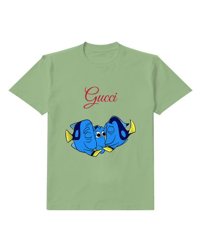 Sage Green Two Blue Fish Faces Graphic T-Shirt - front product view