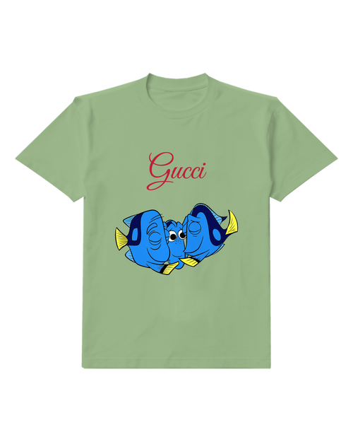 Sage Green Two Blue Fish Faces Graphic T-Shirt - front product view