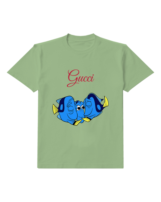 Sage Green Two Blue Fish Faces Graphic T-Shirt - front product view