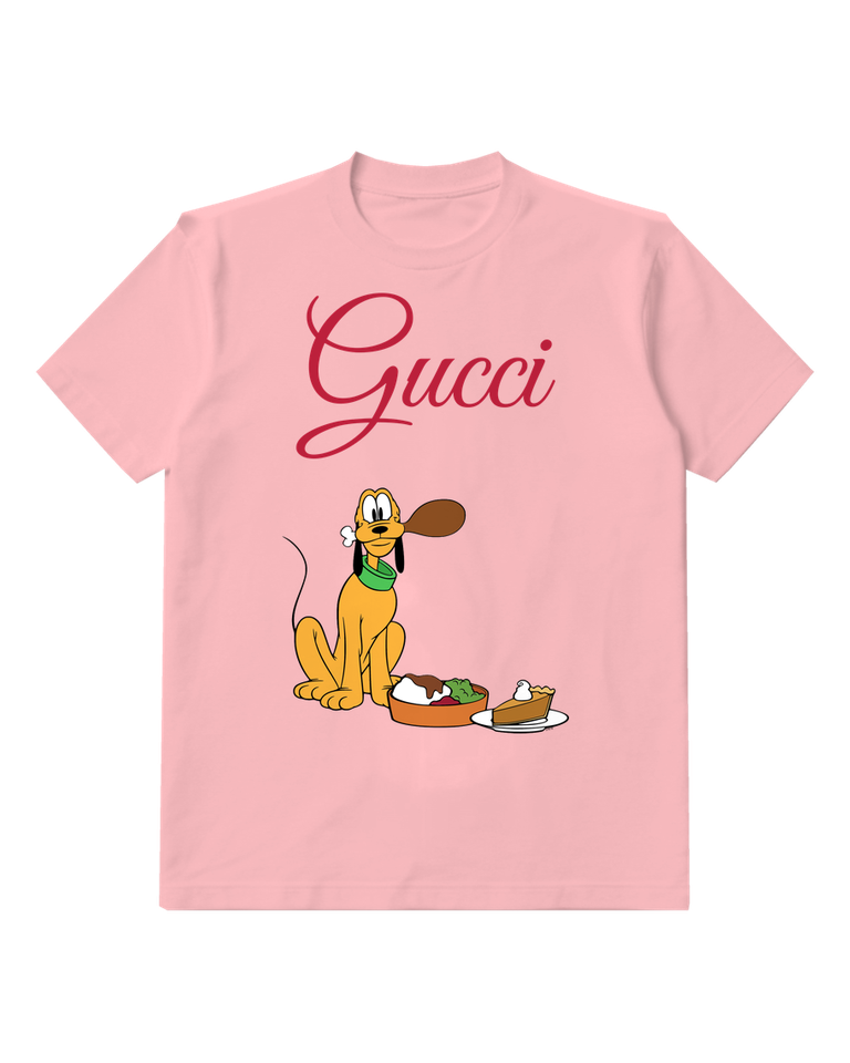 Blush Pink Pluto Sitting Beside Food Bowl Graphic T-Shirt - front product view