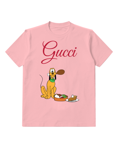 Blush Pink Pluto Sitting Beside Food Bowl Graphic T-Shirt - front product view
