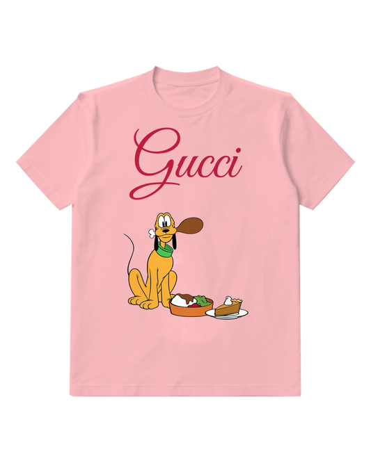 Blush Pink Pluto Sitting Beside Food Bowl Graphic T-Shirt - front product view