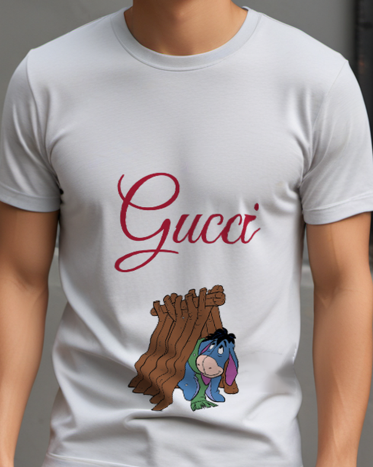 Light Gray Eeyore Crouching Under Wooden Shelter Graphic T-Shirt - model wearing view