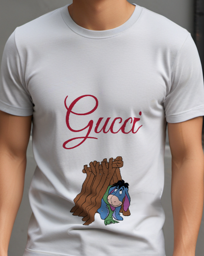 Light Gray Eeyore Crouching Under Wooden Shelter Graphic T-Shirt - model wearing view