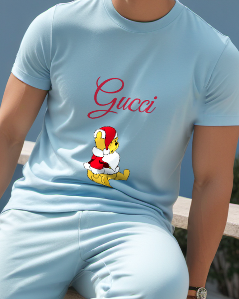 Dusty Blue Winnie The Pooh In Santa Outfit Graphic T-Shirt - model wearing view