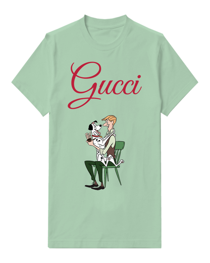 Sage Green Seated Man Spotted Puppies Graphic T-Shirt - front product view
