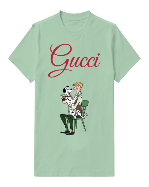 Sage Green Seated Man Spotted Puppies Graphic T-Shirt - front product view