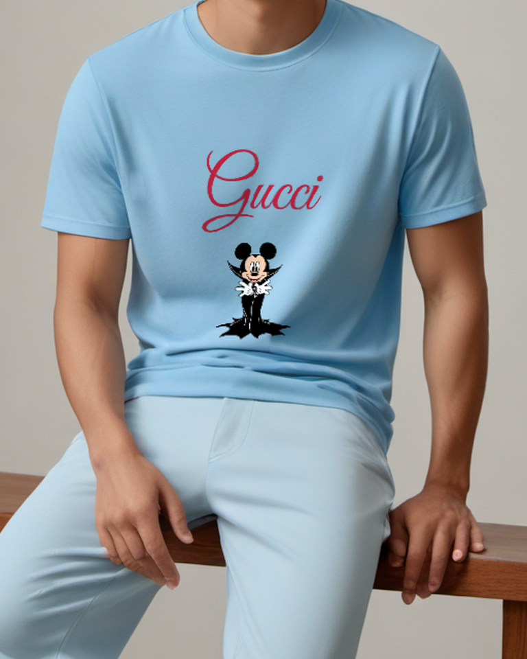 Sky Blue Mickey Mouse Vampire Character Graphic T-Shirt - model wearing view