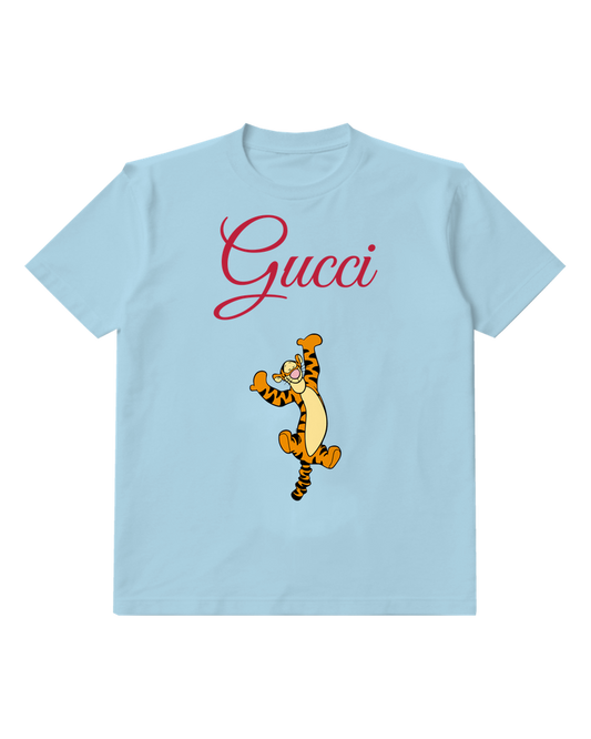 Sky Blue Tail Bouncing Tiger Graphic T-Shirt - front product view