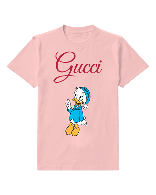 Blush Pink Dewey Duck Pointing Upward Graphic T-Shirt - front product view