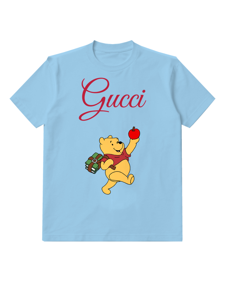 Sky Blue Winnie The Pooh Holding Apple And Books Graphic T-Shirt - front product view