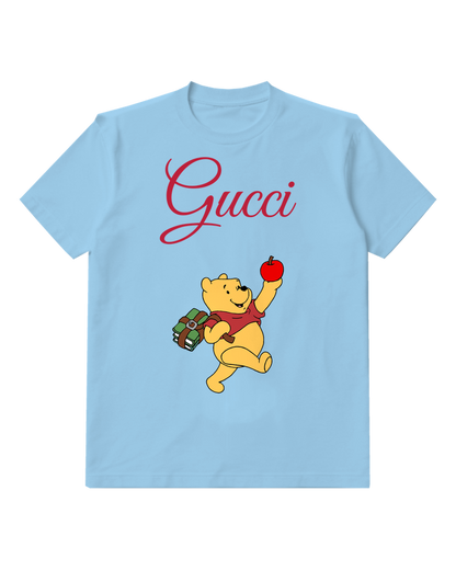 Sky Blue Winnie The Pooh Holding Apple And Books Graphic T-Shirt - front product view