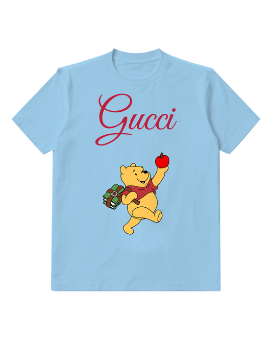 Sky Blue Winnie The Pooh Holding Apple And Books Graphic T-Shirt - front product view