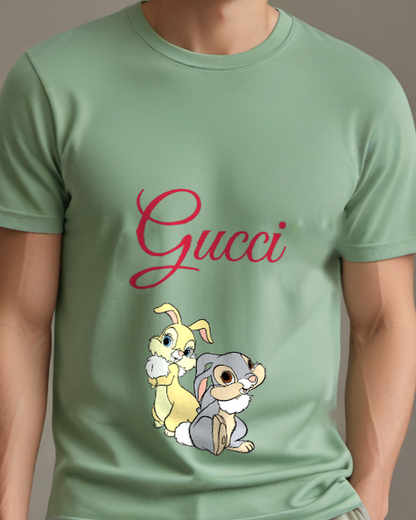 Sage Green Thumper Sitting Beside Another Bunny Graphic T-Shirt - model wearing view