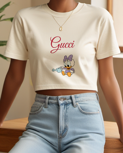 Ivory Baby Daisy Duck Watering Plant Graphic T-Shirt - model wearing view