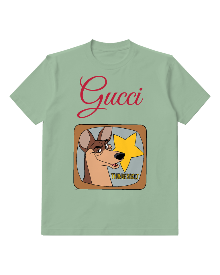 Sage Green Thunderbolt Television Portrait With Yellow Star Graphic T-Shirt - front product view