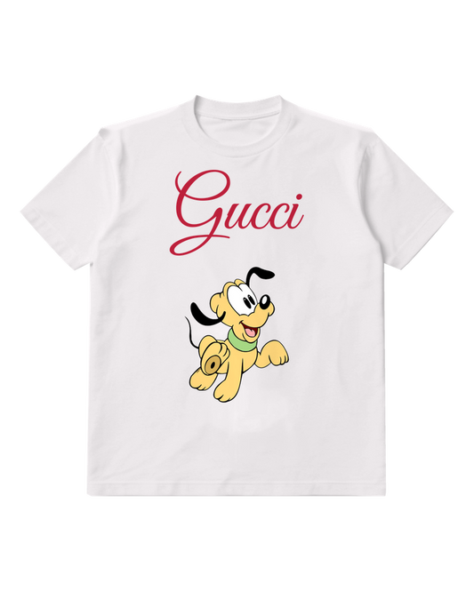 White Yellow Puppy With Green Collar Graphic T-Shirt - front product view