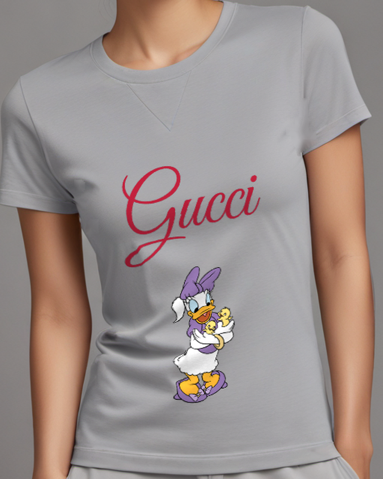Gray Daisy Duck Holding Two Chicks Graphic T-Shirt - model wearing view