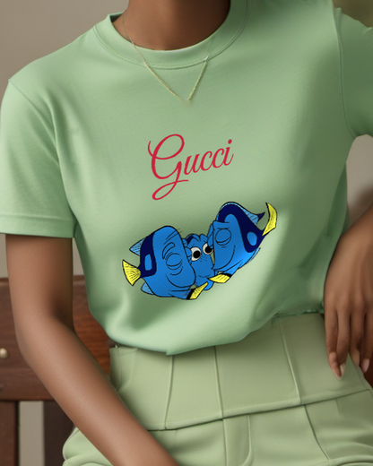 Sage Green Two Blue Fish Faces Graphic T-Shirt - model wearing view