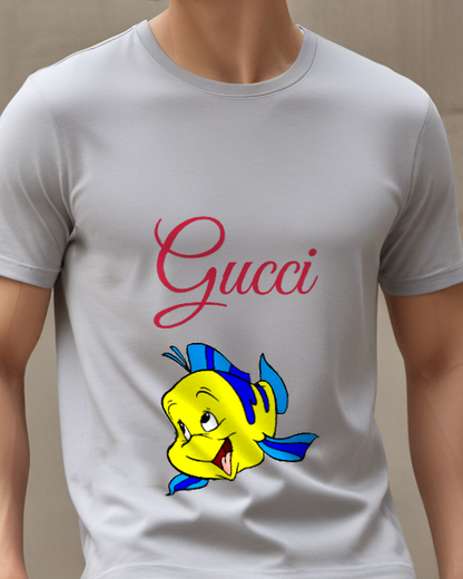 Gray Yellow Fish With Blue Fins Smiling Graphic T-Shirt - model wearing view