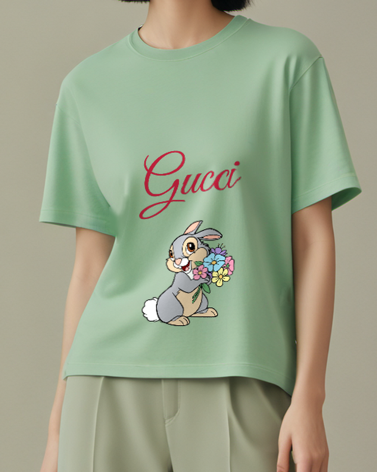 Sage Green Rabbit Flower Bouquet Graphic T-Shirt - model wearing view