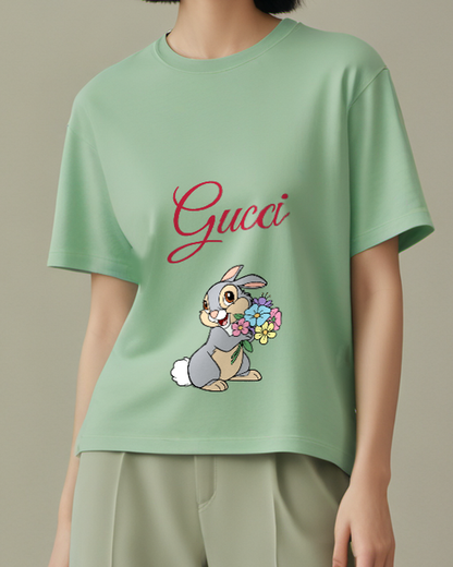 Sage Green Rabbit Flower Bouquet Graphic T-Shirt - model wearing view