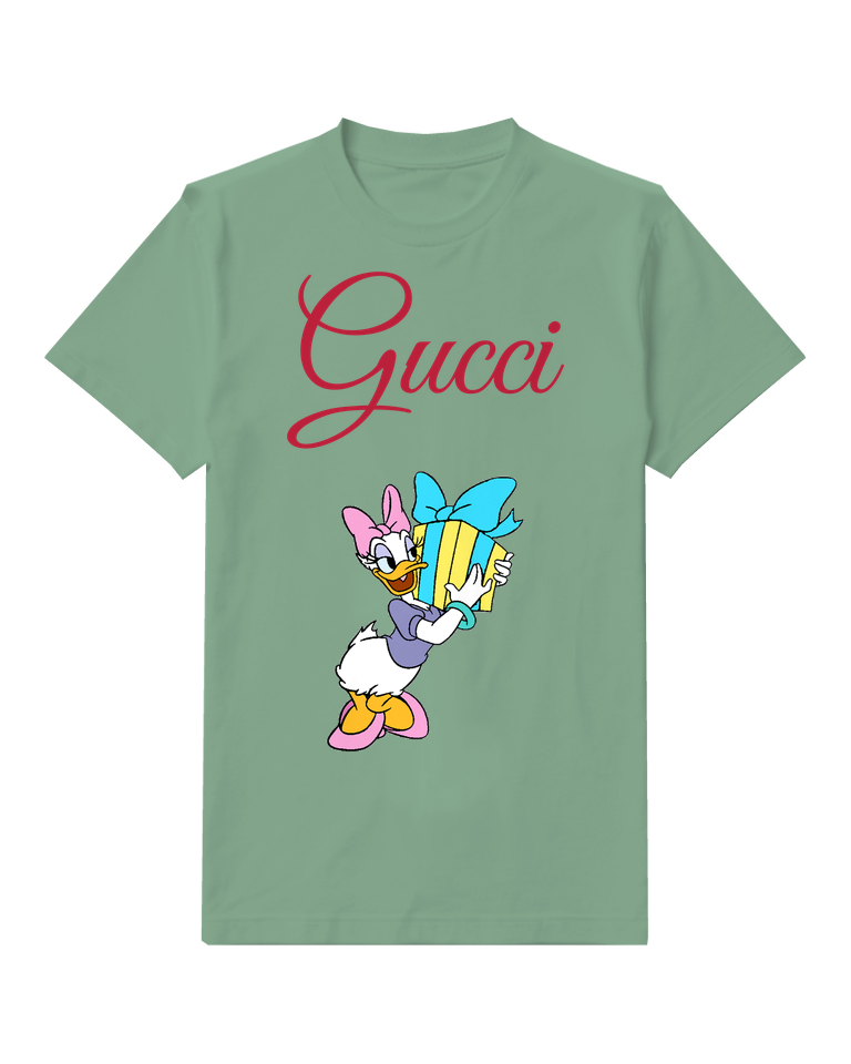 Sage Green Daisy Duck Holding Gift Box Graphic T-Shirt - front product view