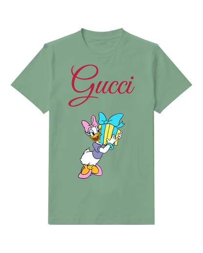 Sage Green Daisy Duck Holding Gift Box Graphic T-Shirt - front product view