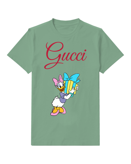 Sage Green Daisy Duck Holding Gift Box Graphic T-Shirt - front product view