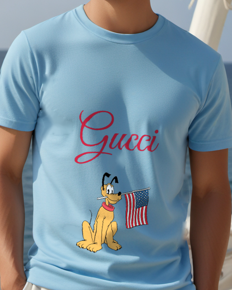 Dusty Blue Pluto Sits Holding American Flag Graphic T-Shirt - model wearing view
