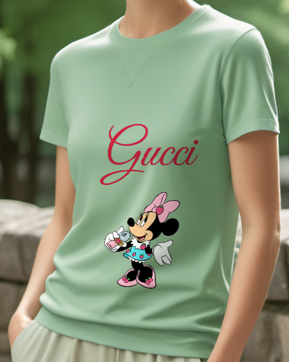 Sage Green Minnie Mouse Singing With Microphone Graphic T-Shirt - model wearing view