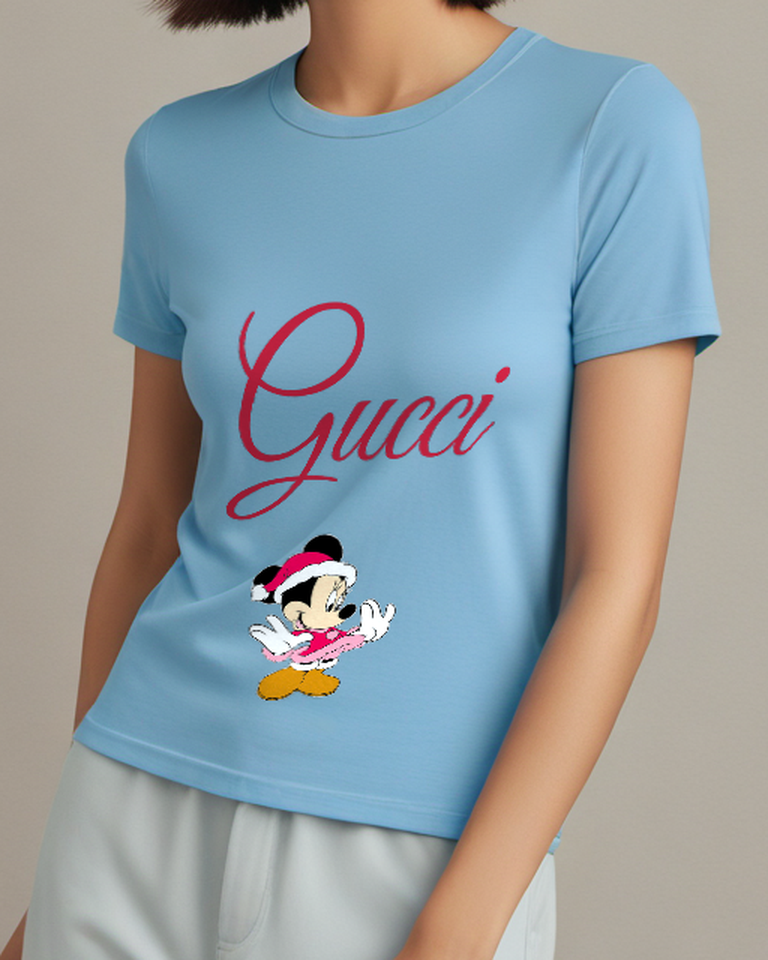 Sky Blue Minnie Mouse Waving Cheerfully Graphic T-Shirt - model wearing view