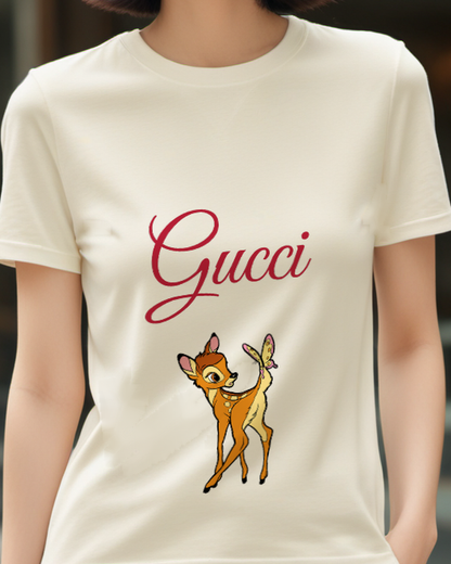 Ivory Fawn And Yellow Butterfly Graphic T-Shirt - model wearing view