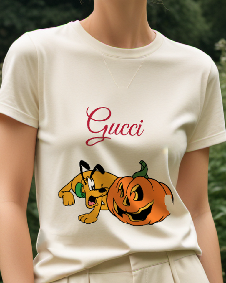 Ivory Pluto Halloween Pumpkin Graphic T-Shirt - model wearing view