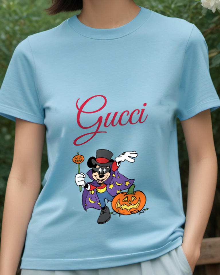 Sky Blue Wizard Mouse Orange Pumpkin Graphic T-Shirt - model wearing view