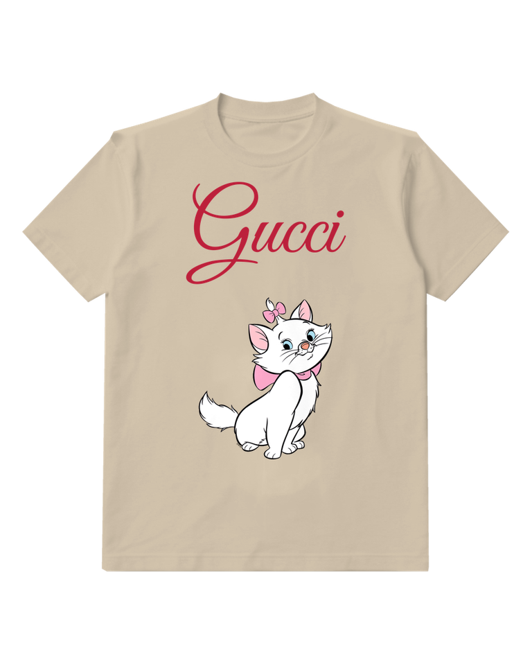 Beige White Cat With Pink Bow And Collar Graphic T-Shirt - front product view