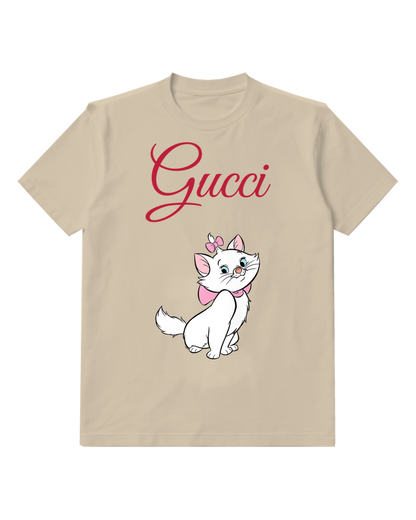 Beige White Cat With Pink Bow And Collar Graphic T-Shirt - front product view