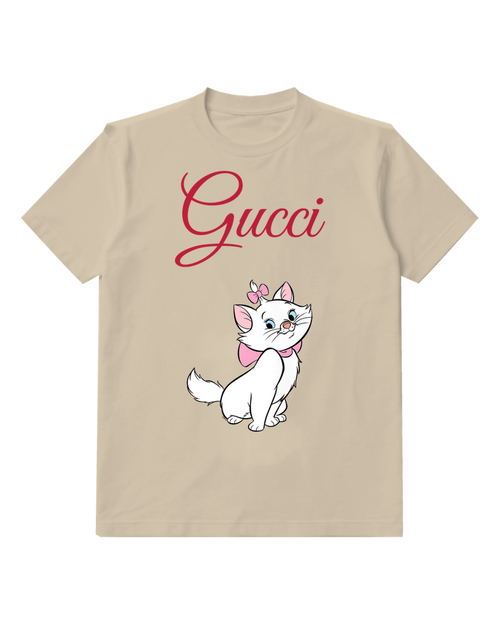 Beige White Cat With Pink Bow And Collar Graphic T-Shirt - front product view