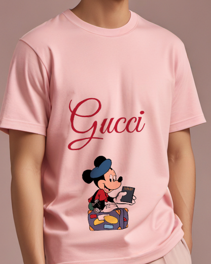 Blush Pink Mickey Mouse Holding Passport Graphic T-Shirt - model wearing view
