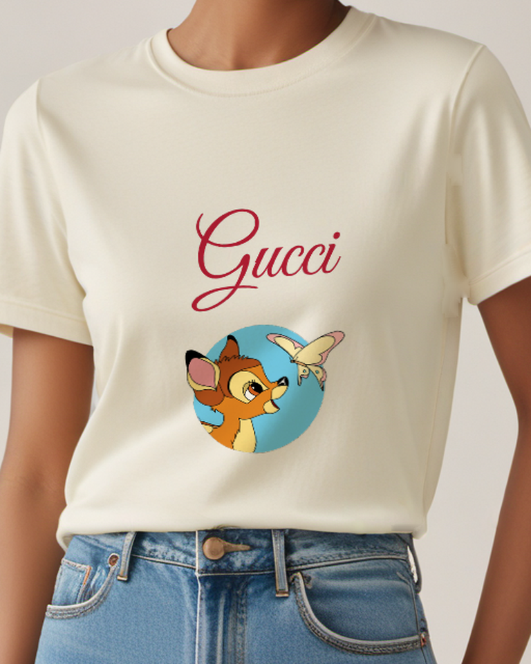 Ivory Fawn Butterfly Blue Circle Graphic T-Shirt - model wearing view