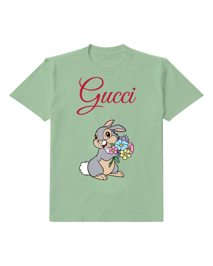 Sage Green Rabbit Flower Bouquet Graphic T-Shirt - front product view
