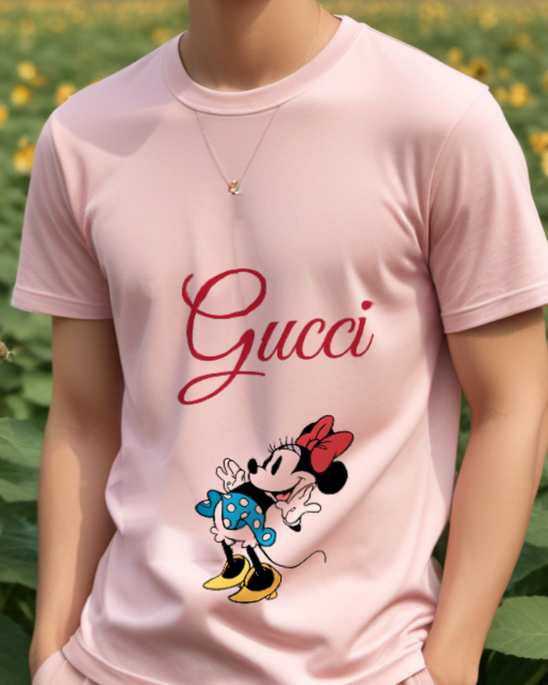 Blush Pink Mouse Blue Polka Dot Bow Graphic T-Shirt - model wearing view